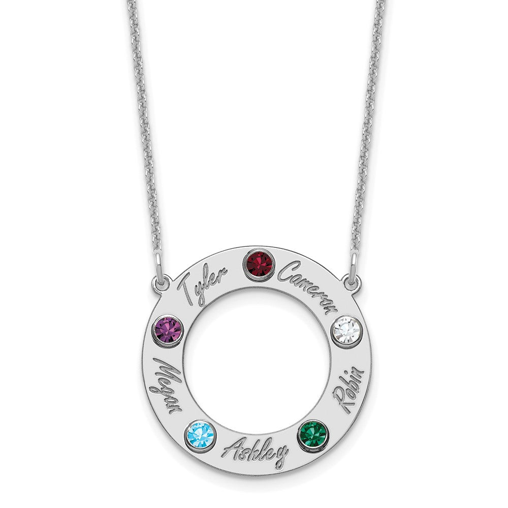 14KW 5 Name & Birthstone w/ 18k Rhodium Plated Bezel Circle Necklace