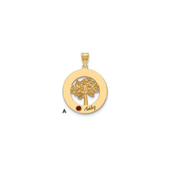 14KY Family Tree in Circle 1 Name and Birthstone w/ 14k Bezel Pendant