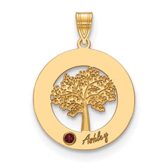 14KY Family Tree in Circle 1 Name and Birthstone w/ 14k Bezel Pendant