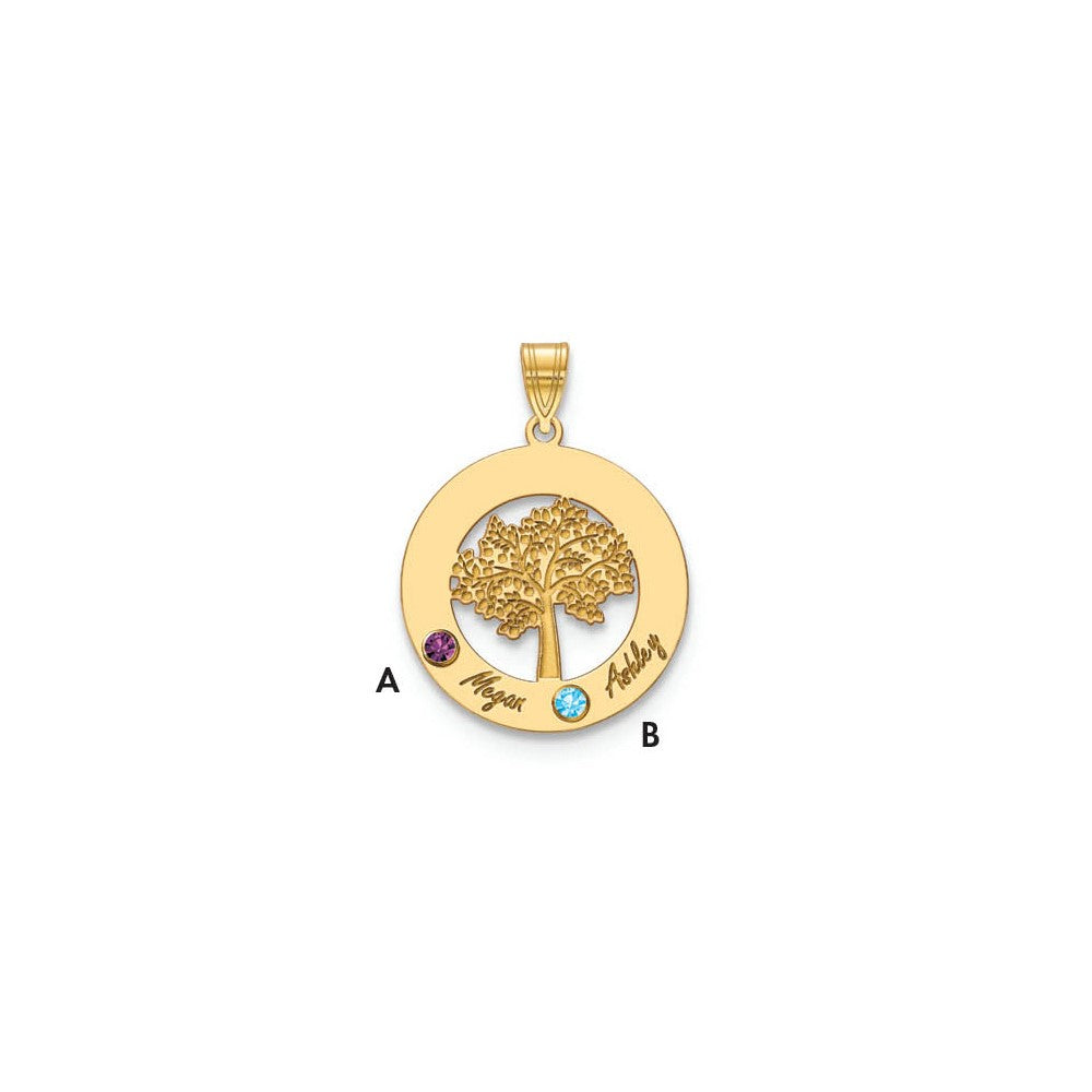 14KY Family Tree in Circle 2 Names and Birthstones w/ 14k Bezel Pendant