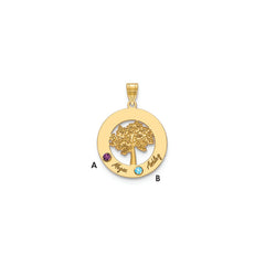 14KY Family Tree in Circle 2 Names and Birthstones w/ 14k Bezel Pendant