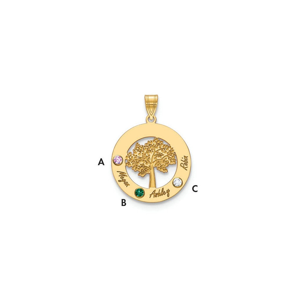 14KY Family Tree in Circle 3 Names and Birthstones w/ 14k Bezel Pendant