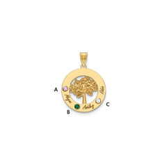 14KY Family Tree in Circle 3 Names and Birthstones w/ 14k Bezel Pendant