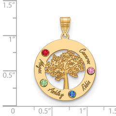 14KY Family Tree in Circle 4 Names and Birthstones w/ 14k Bezel Pendant