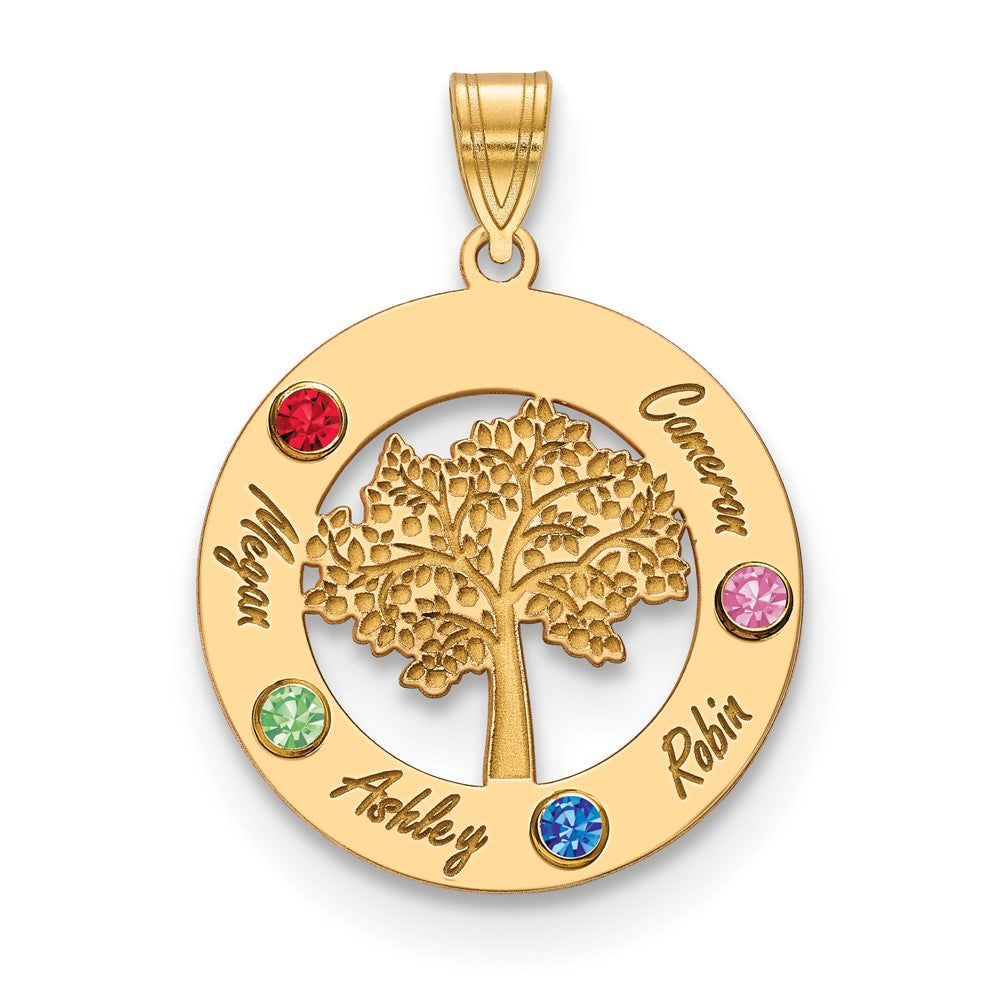 14KY Family Tree in Circle 4 Names and Birthstones w/ 14k Bezel Pendant