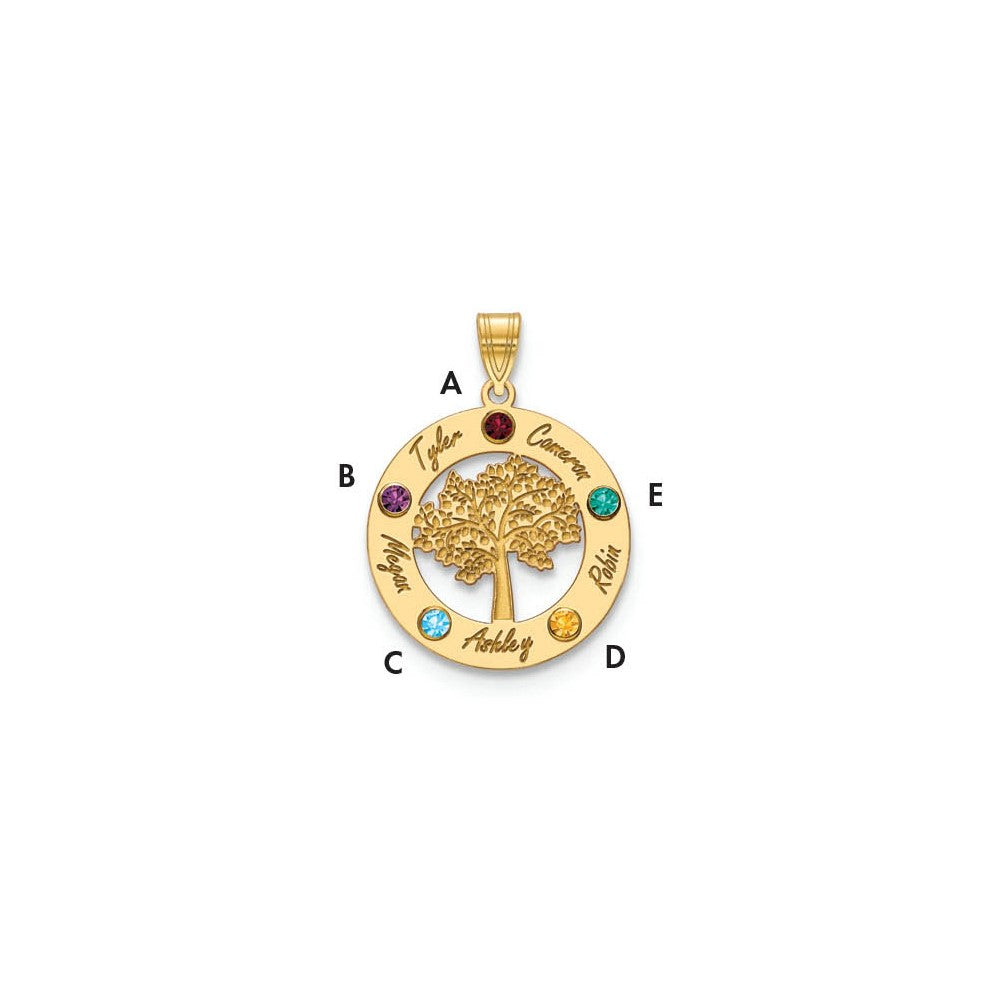14KY Family Tree in Circle 5 Names and Birthstones w/ 14k Bezel Pendant