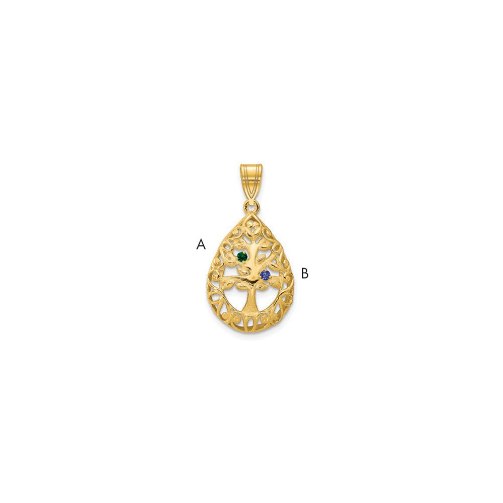14KY 2 Birthstone Tree of Life Tear Drop Pendant