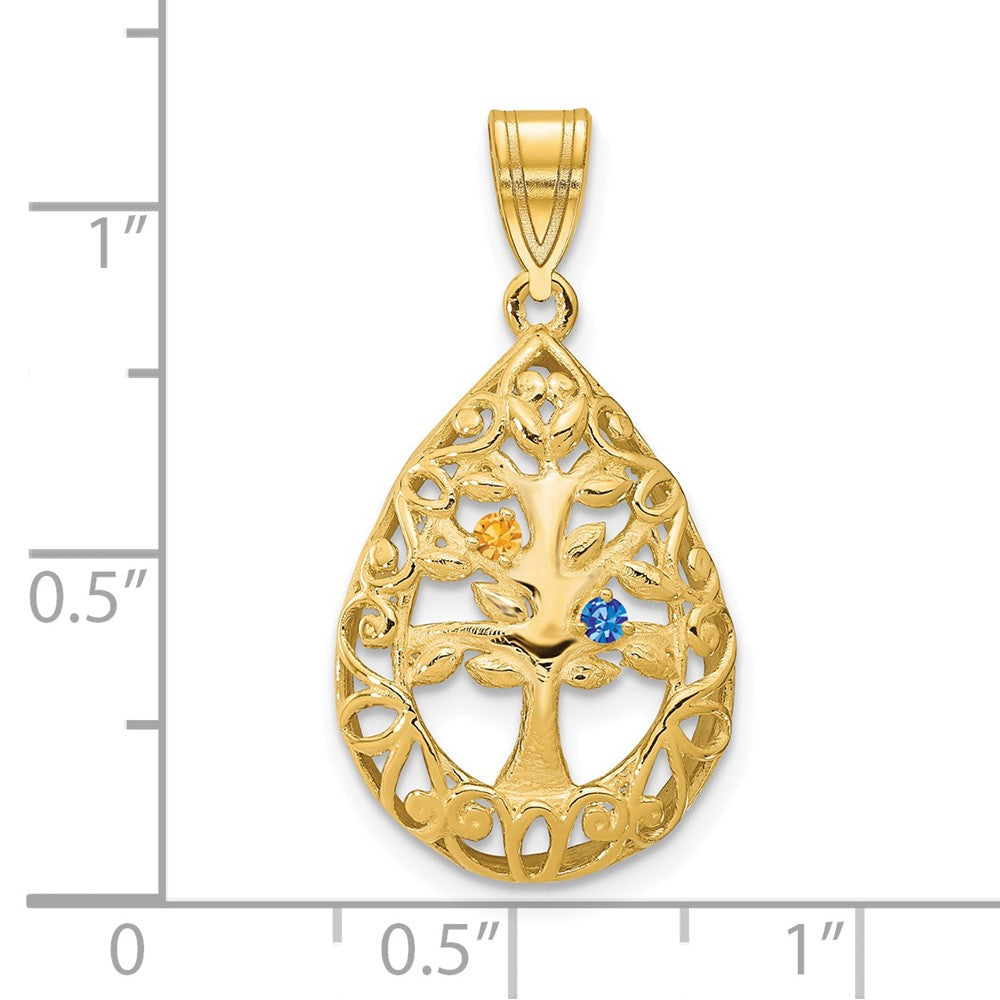 14KY 2 Birthstone Tree of Life Tear Drop Pendant