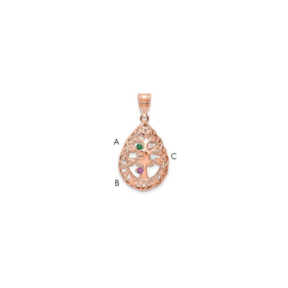 10K Rose Gold 3 Birthstone Tree of Life Tear Drop Pendant