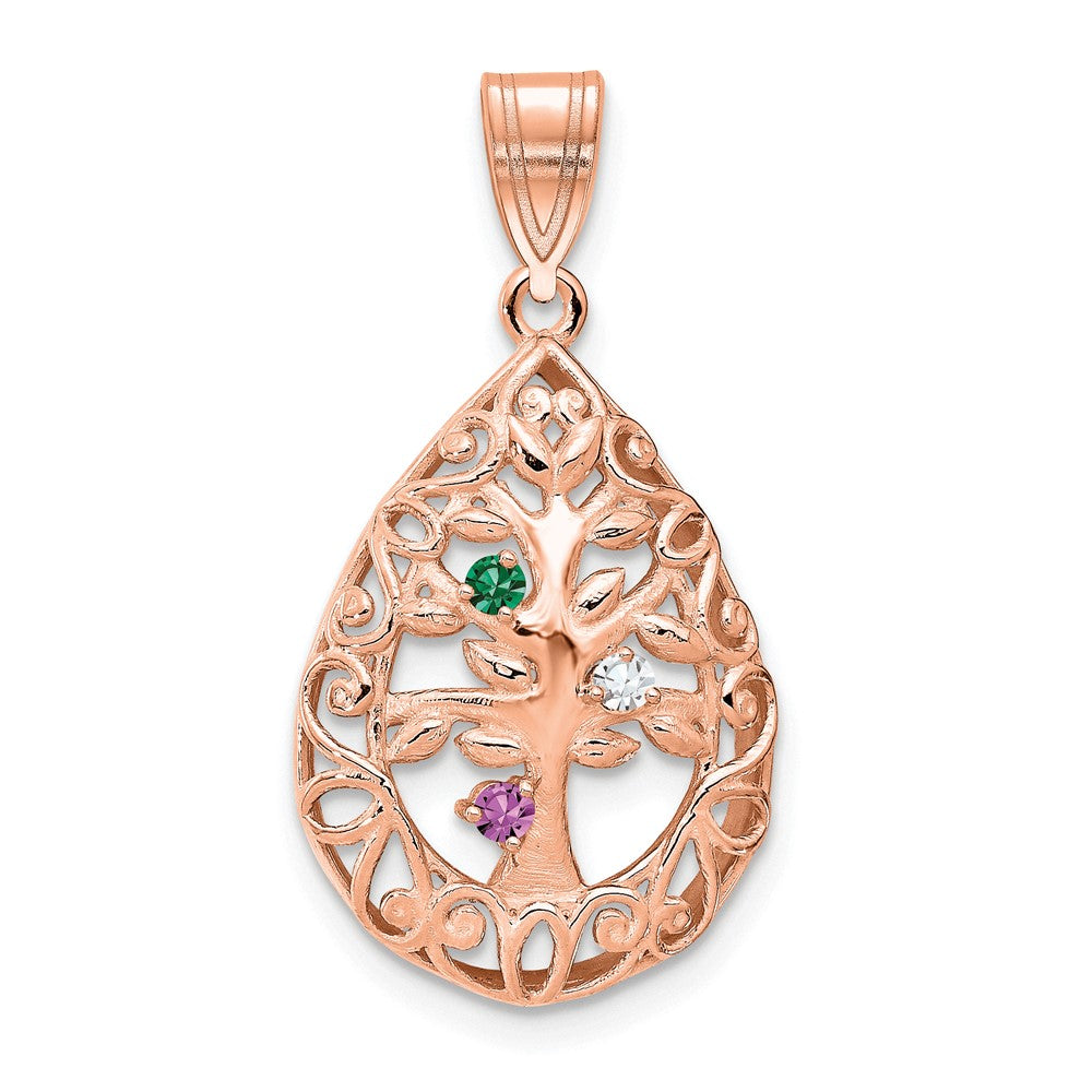 14K rose Gold 3 Birthstone Tree of Life Tear Drop Pendant