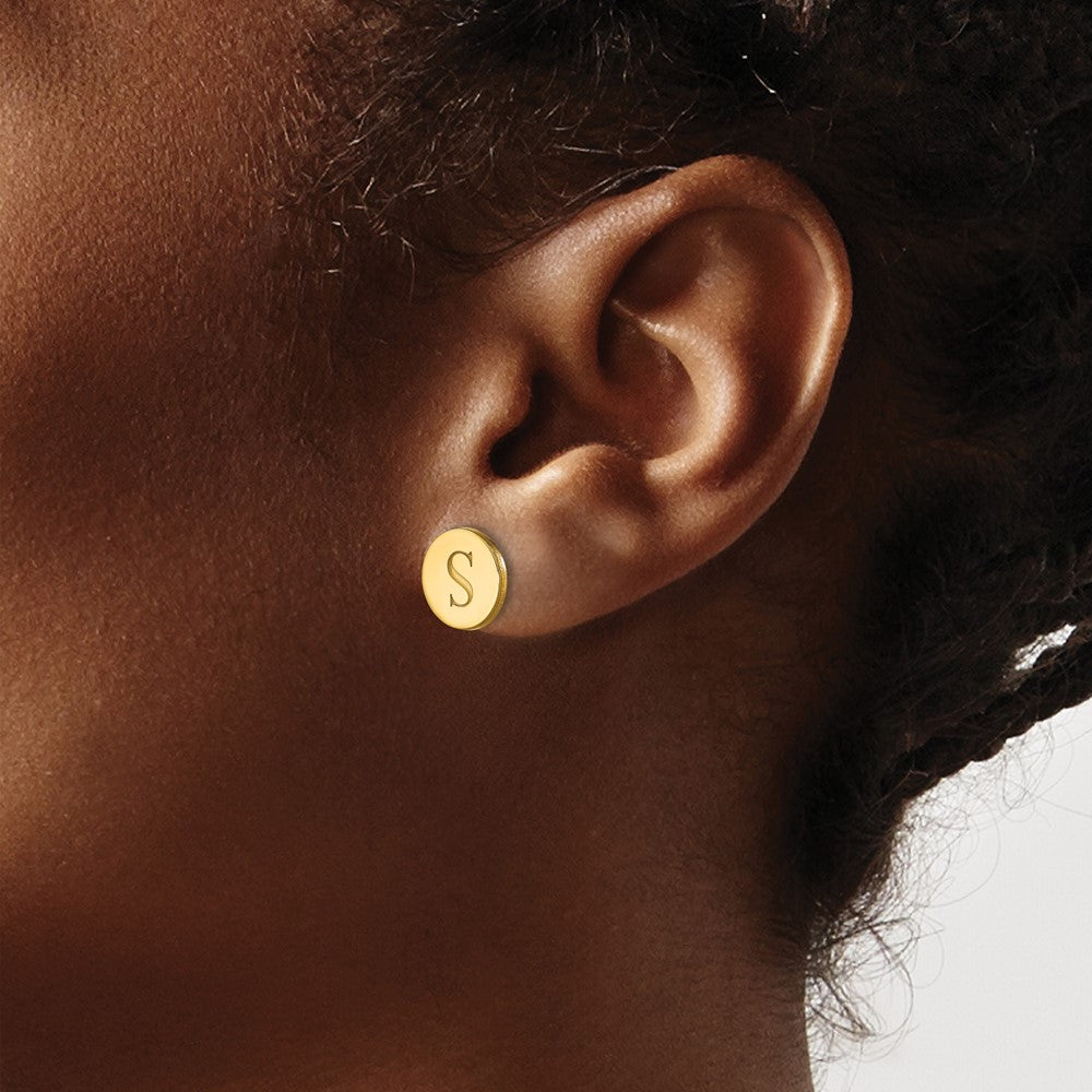 14k Yellow Gold Round Initial Post Earrings