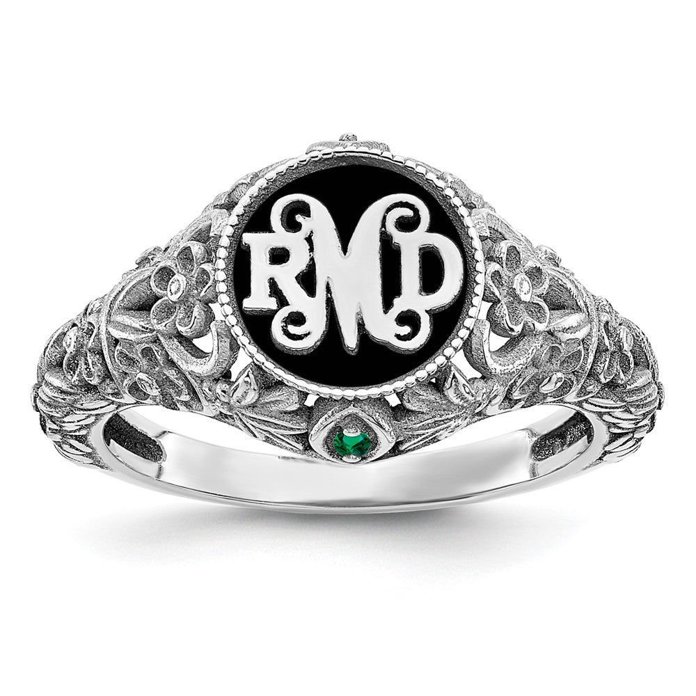 14k White Gold Filigree w/Epoxy and Birthstone Monogram Ring