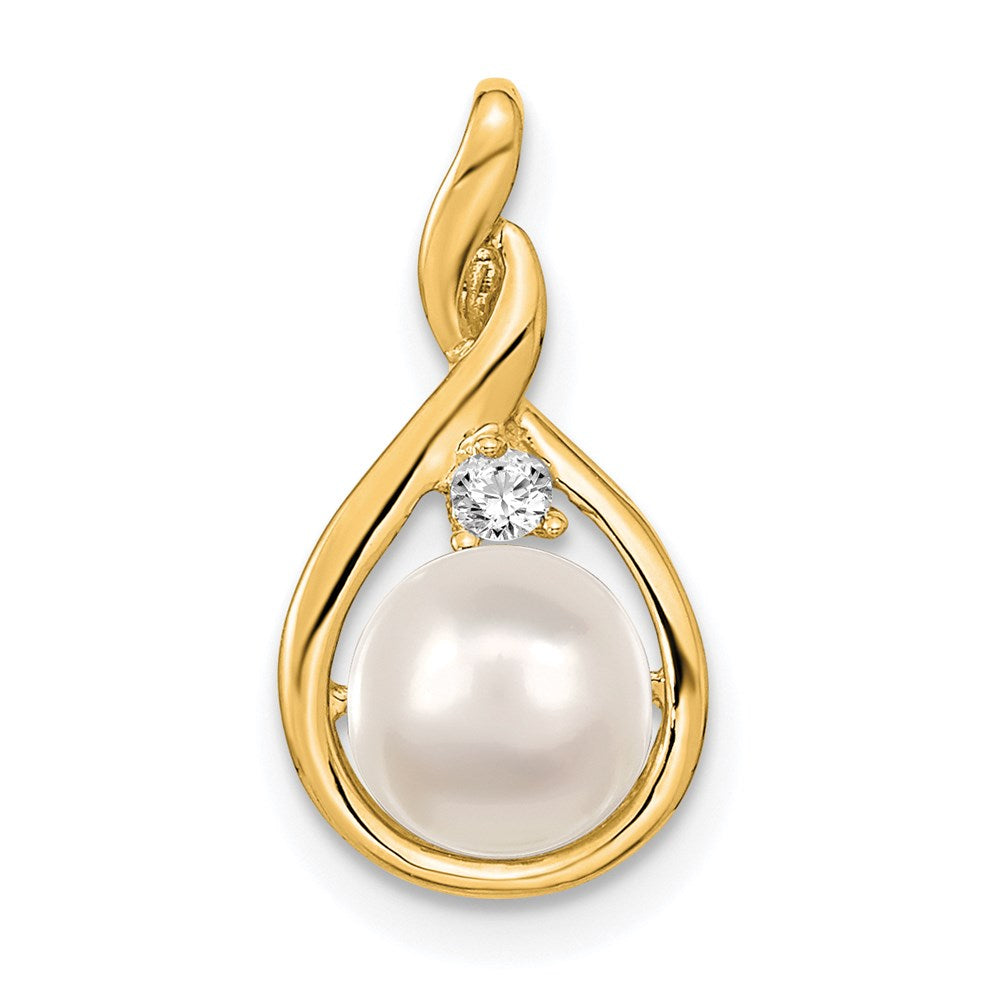 14k 7mm White Round Freshwater Cultured Pearl A Diamond Pendant - 2