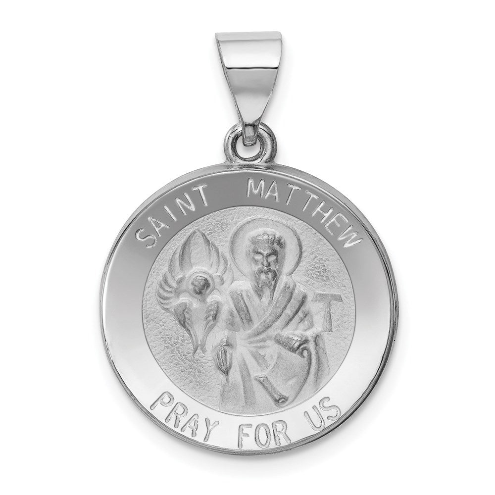 14k White Gold Polished and Satin St Matthew Hollow Pendant