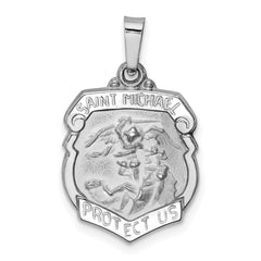 14k White Gold Polished and Satin St Michael Medal Hollow Pendant