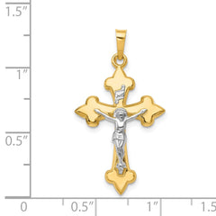 14k Two-tone Polished Fleur de Lis INRI Crucifix Pendant