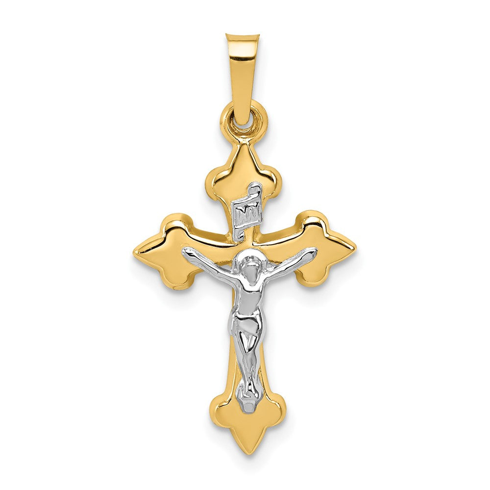 14k Two-tone Polished Fleur de Lis INRI Crucifix Pendant - 2