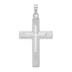 14k White Gold Polished Solid Striped Double Cross Pendant