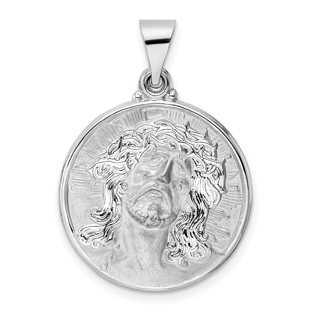 14k White Gold Polished and Satin Hollow Jesus Face Disc Pendant - 3