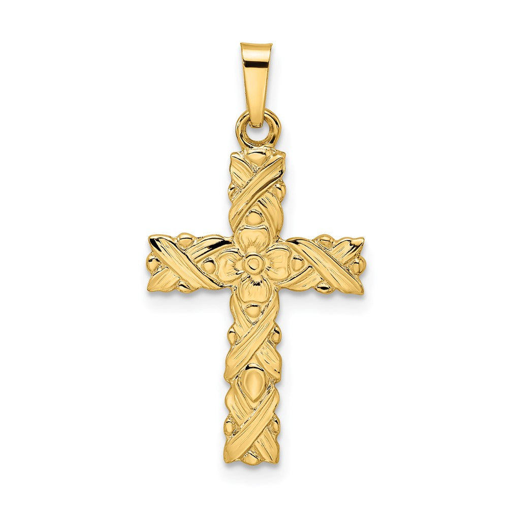 14k Polished and Textured Solid Floral Cross Pendant - 2