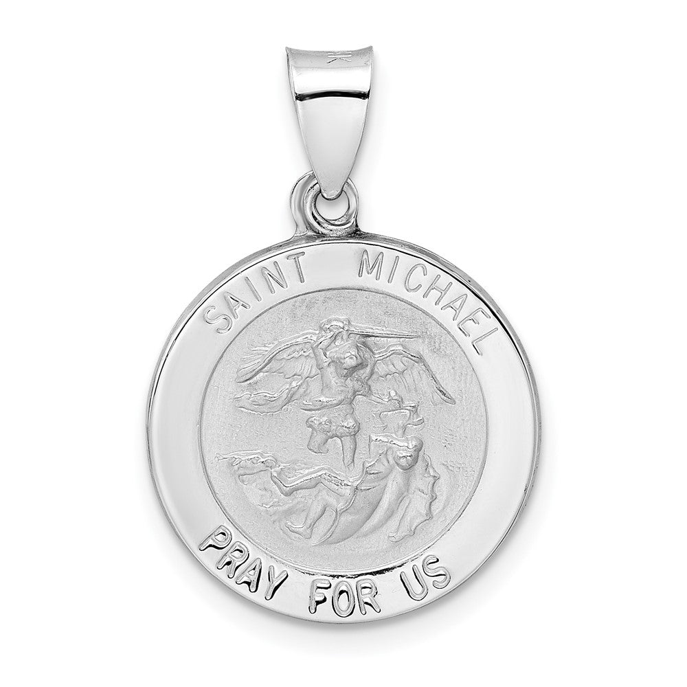 14k White Gold Polished and Satin Hollow St Michael Medal Pendant - 3