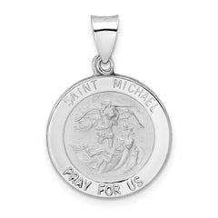14k White Gold Polished and Satin Hollow St Michael Medal Pendant - 3