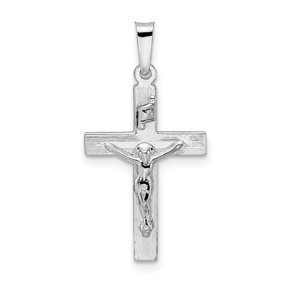 14k White Gold Polished Solid INRI Striped Crucifix Pendant - 2