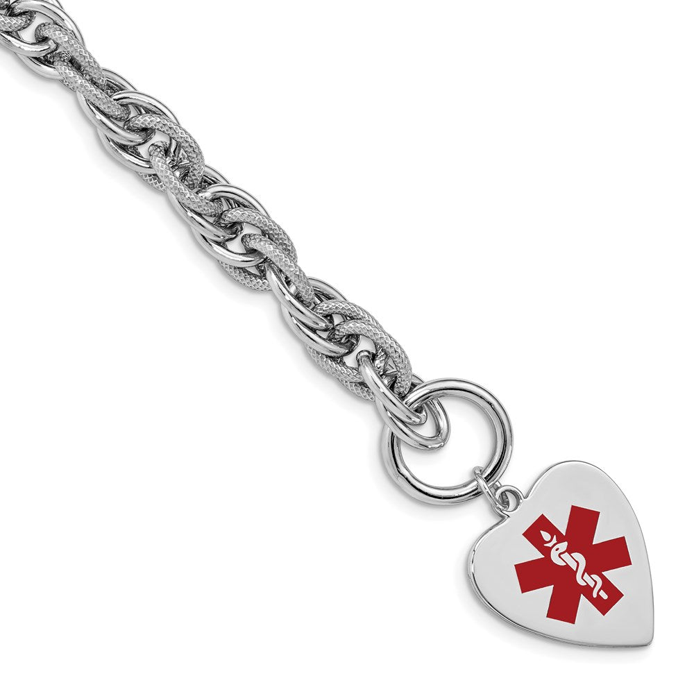Sterling Silver Rhodium Engraveable Enamel Heart Medical ID Bracelet - 4