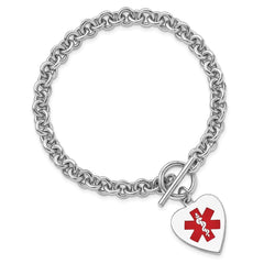 Sterling Silver RH-pltd Engraveable Enamel Heart Medical ID Bracelet - 2