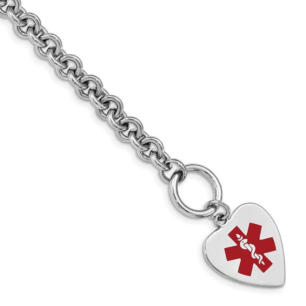 Sterling Silver RH-pltd Engraveable Enamel Heart Medical ID Bracelet - 2