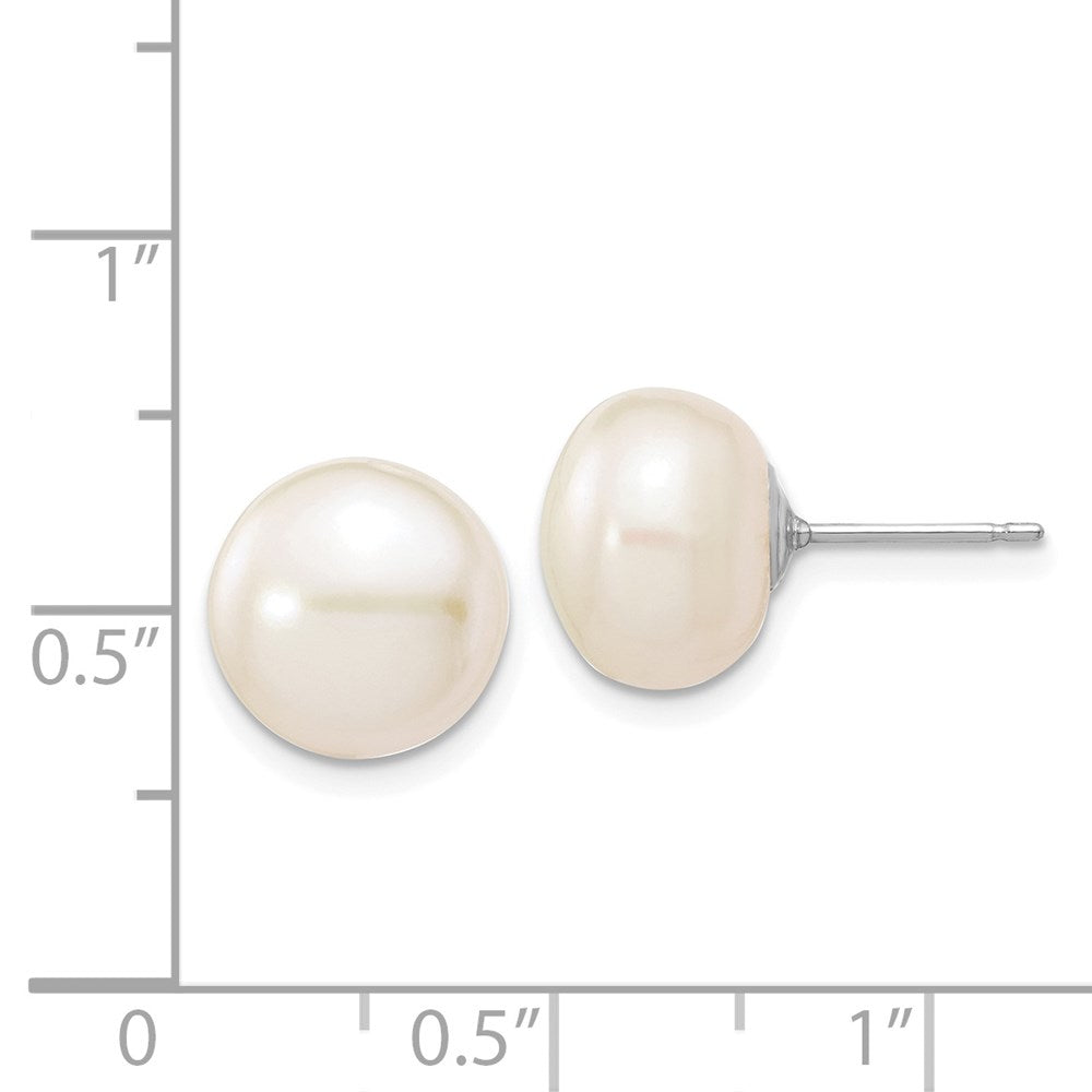 14k White Gold 10-11mm White Button Freshwater Cultured Pearl Stud Post Earrings