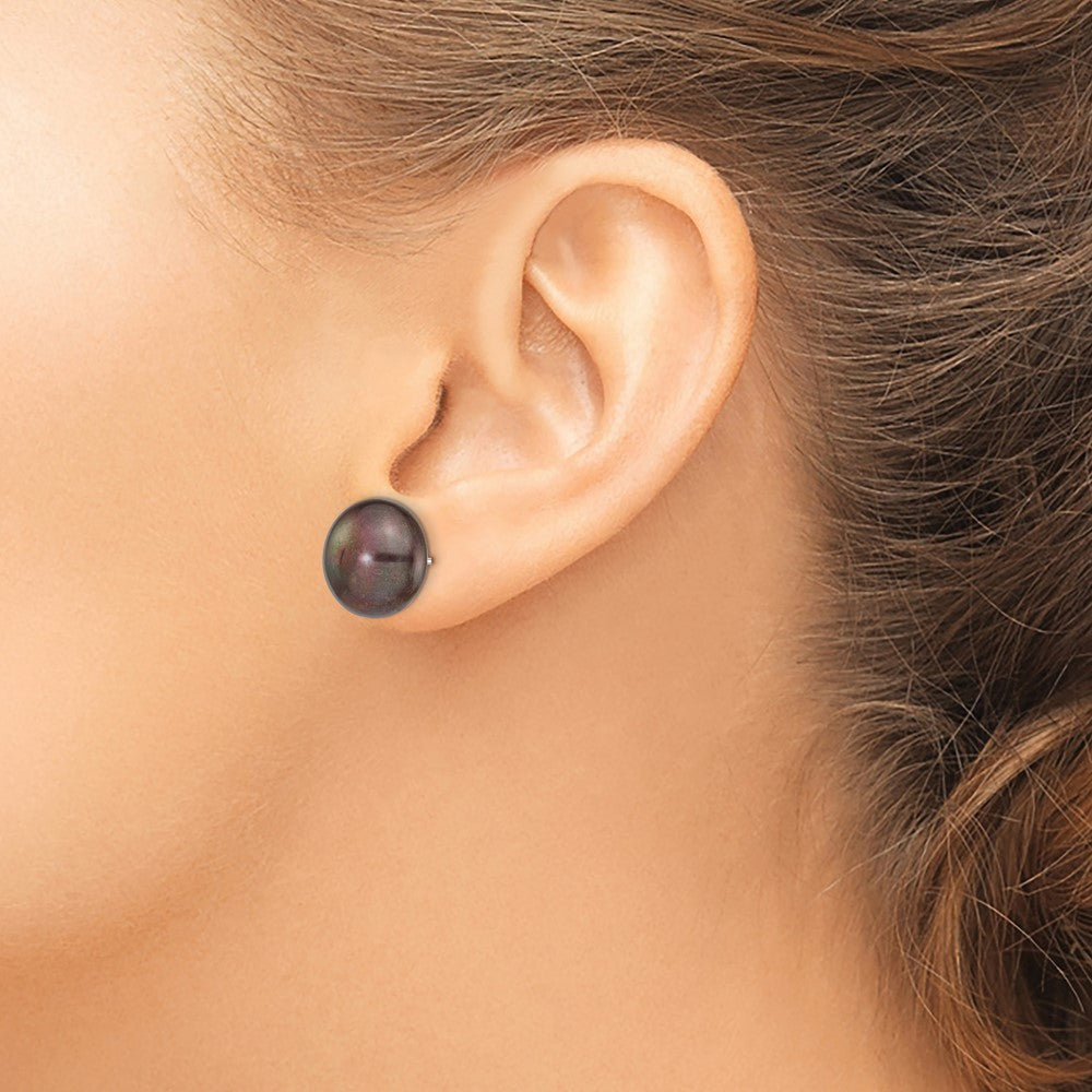 14k White Gold 12-13mm Black Button Freshwater Cultured Pearl Stud Post Earrings