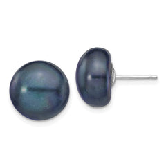 14k White Gold 12-13mm Black Button Freshwater Cultured Pearl Stud Post Earrings