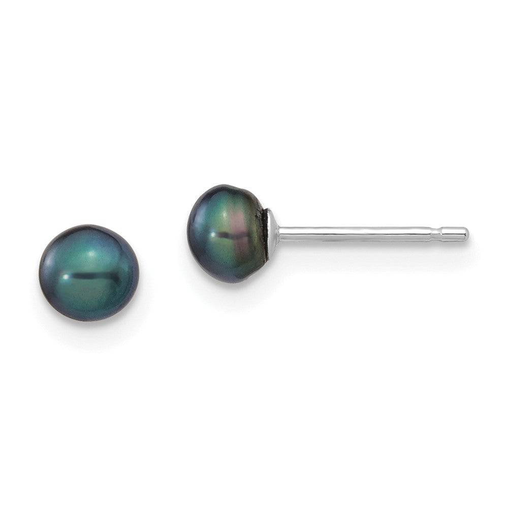 14k White Gold 4-5mm Black Button Freshwater Cultured Pearl Stud Post Earrings