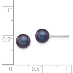 14k White Gold 6-7mm Black Round Freshwater Cultured Pearl Stud Post Earrings