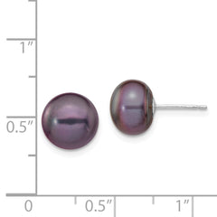 14k White Gold 9-10mm Black Button Freshwater Cultured Pearl Stud Post Earrings