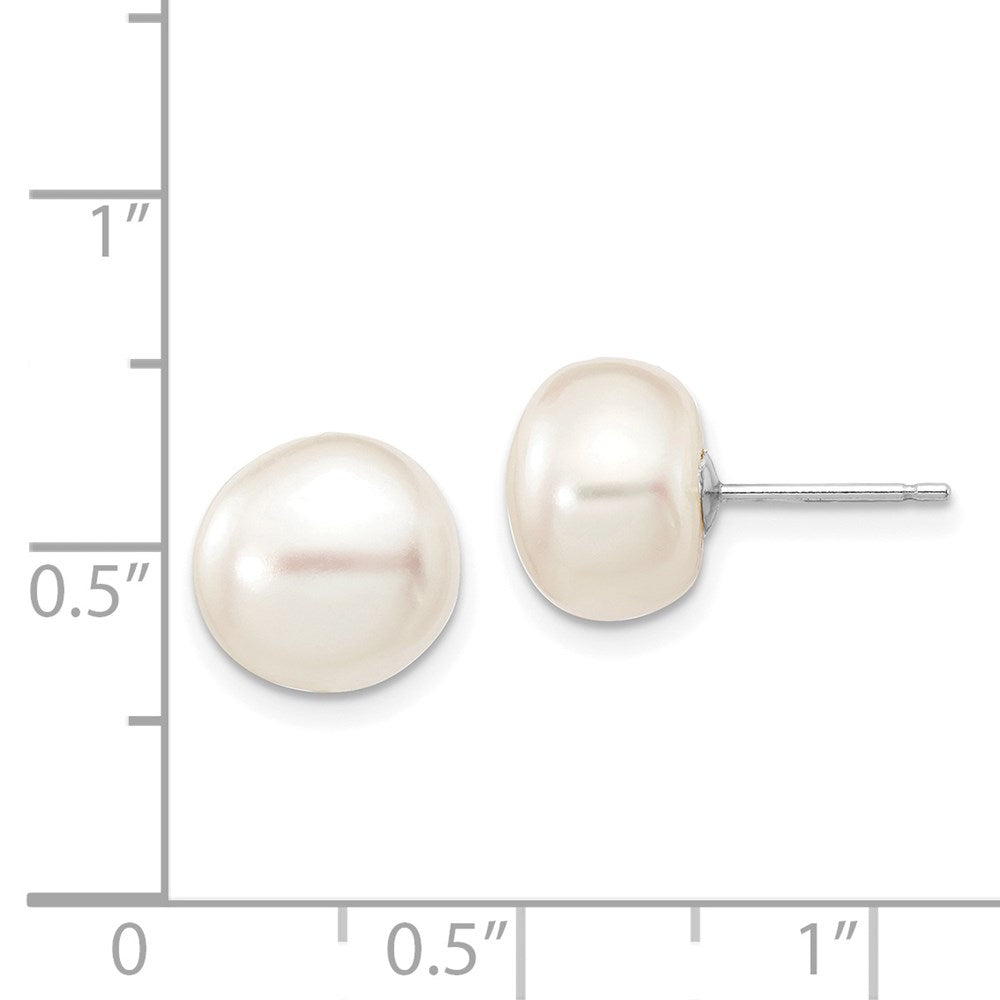 14k White Gold 9-10mm White Button Freshwater Cultured Pearl Stud Post Earrings
