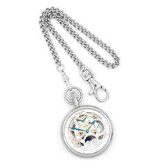 Charles Hubert Stainless Steel Open Face Skeleton Dual Time Pocket Watch