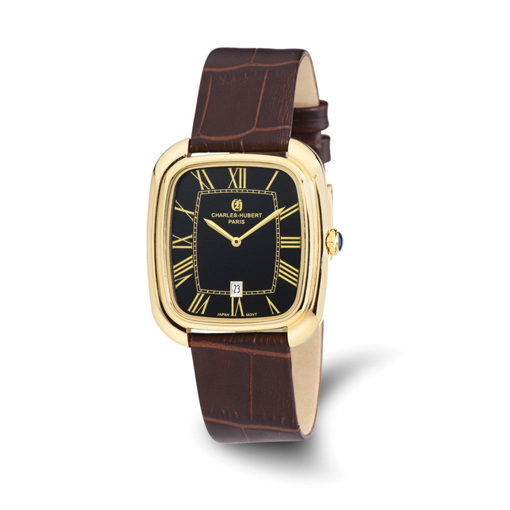 Mens Charles Hubert IP-plated Square Brown Leather Band Watch