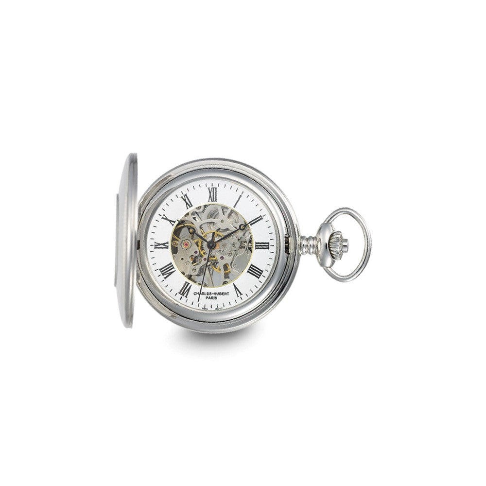 Charles Hubert Stainless w/Oval Engraving Area Skeleton Pocket Watch