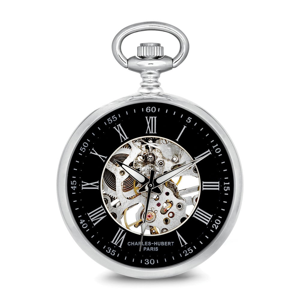 Charles Hubert Chrome-finish Open Face Black Skeleton Pocket Watch