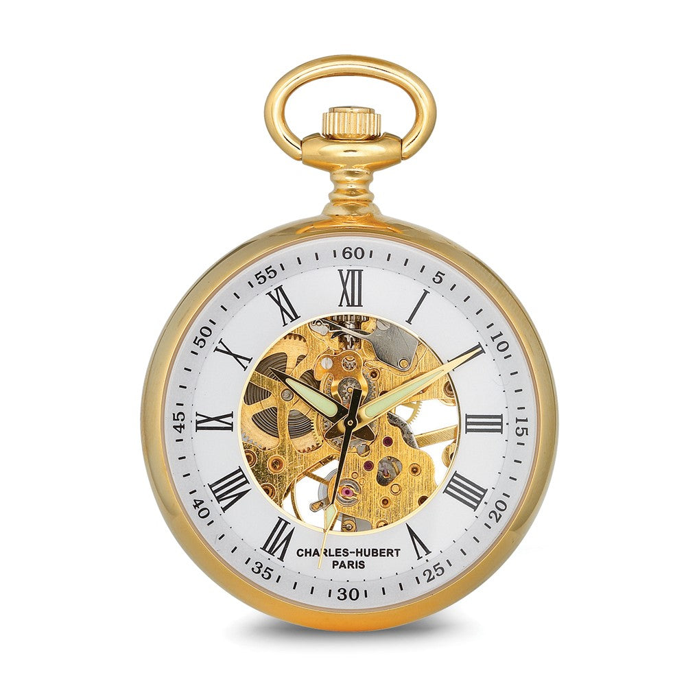 Charles Hubert Gold-finish Open Face White Skeleton Pocket Watch