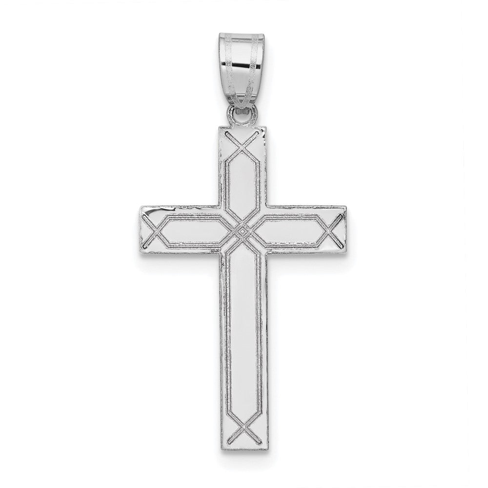 14k White Gold Solid Laser Etched Cross Pendant - 8