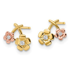 14k Two-tone CZ Flowers Post Earrings