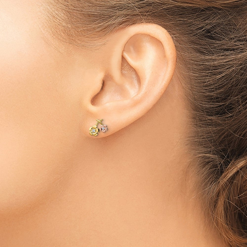 14k Two-tone CZ Flowers Post Earrings