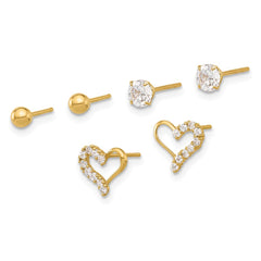 14K Polished CZ Ball and Heart Post Earring Set