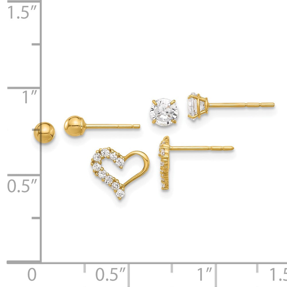 14K Polished CZ Ball and Heart Post Earring Set