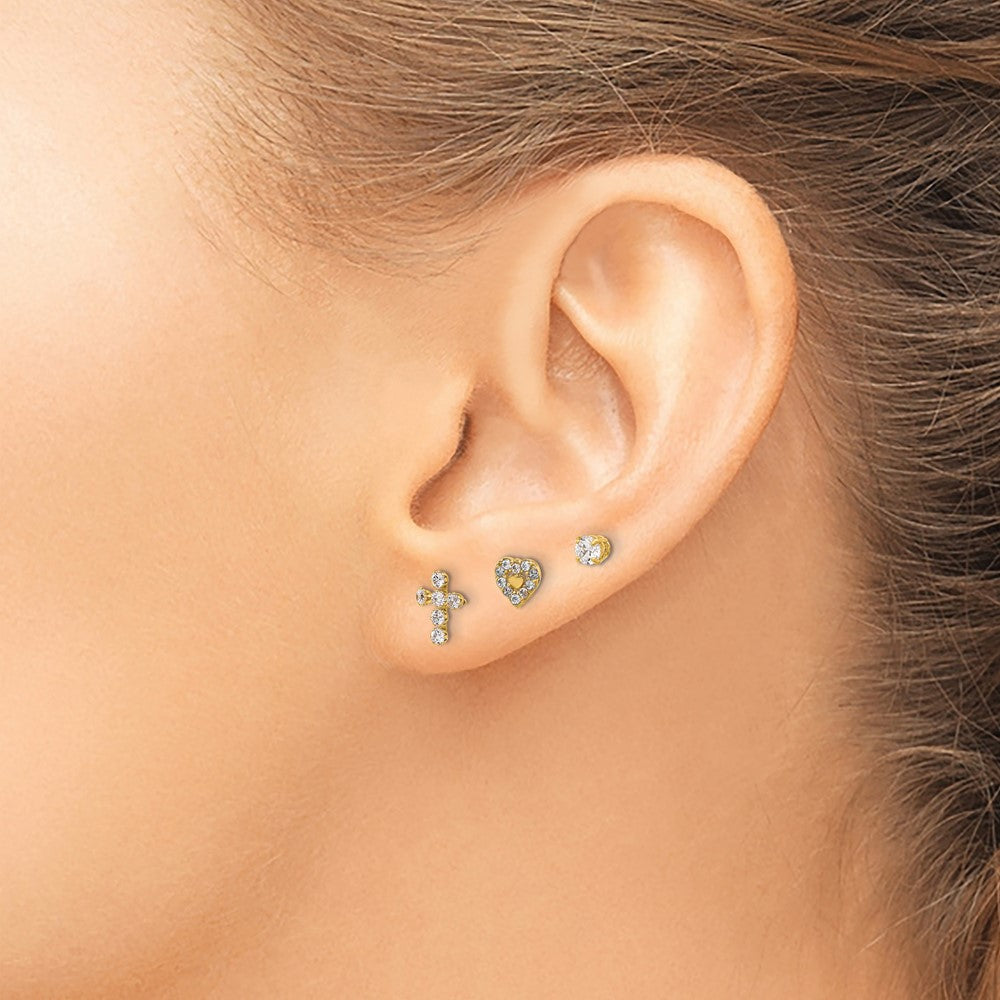 14K Polished CZ Cross Heart and Stud Post Earring Set