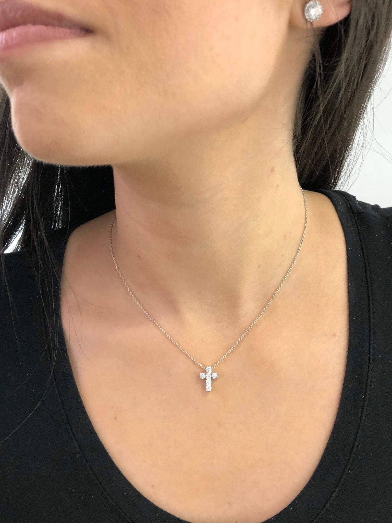 LIV Platinum plated sterling silver mini cross necklace with simulated diamonds