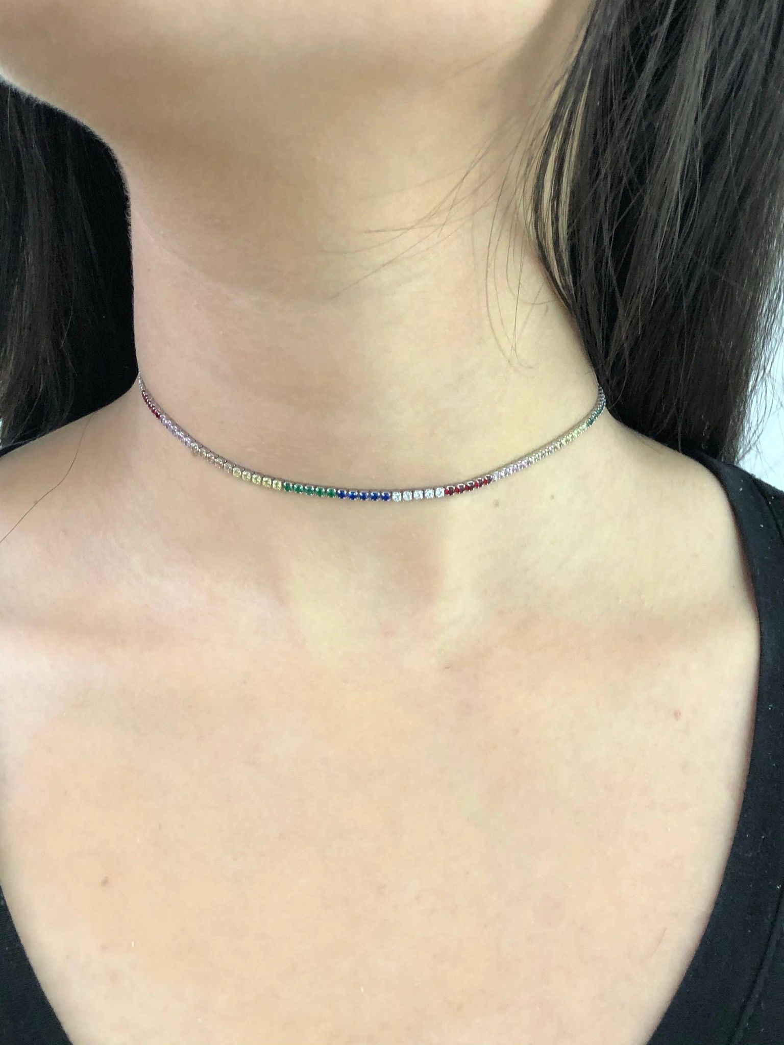 LIV Platinum over sterling silver rainbow sapphire thin choker necklace LC01